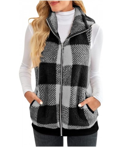 Fleece Vest Women Plaid Full Zip Sleeveless Jacket Casual Plush Warm Fall Winter Clothes with Pockets 01-black $11.39 Vests