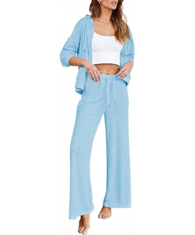 Women's 2 Piece Outfits Lounge Sets Zip Up Hoodies High Waist Wide Leg Pants Sweatsuit Sky Blue $20.24 Activewear