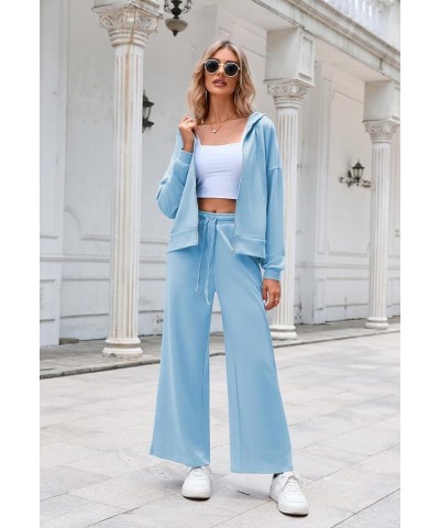 Women's 2 Piece Outfits Lounge Sets Zip Up Hoodies High Waist Wide Leg Pants Sweatsuit Sky Blue $20.24 Activewear