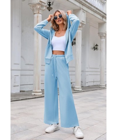 Women's 2 Piece Outfits Lounge Sets Zip Up Hoodies High Waist Wide Leg Pants Sweatsuit Sky Blue $20.24 Activewear