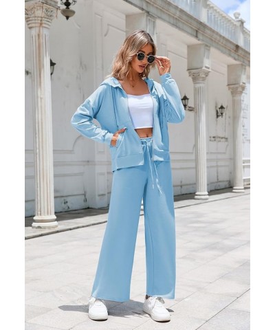 Women's 2 Piece Outfits Lounge Sets Zip Up Hoodies High Waist Wide Leg Pants Sweatsuit Sky Blue $20.24 Activewear