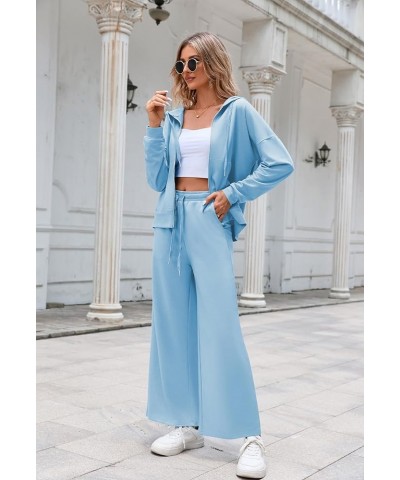 Women's 2 Piece Outfits Lounge Sets Zip Up Hoodies High Waist Wide Leg Pants Sweatsuit Sky Blue $20.24 Activewear