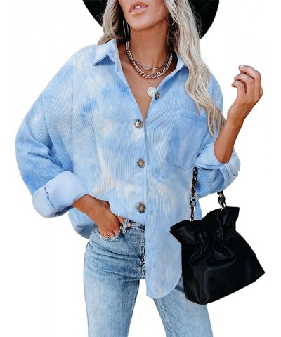 Womens Button Down Corduroy Shirts Oversized Long Sleeved Blouses Tops Fall Shacket Jackets 37-2blue $18.54 Blouses