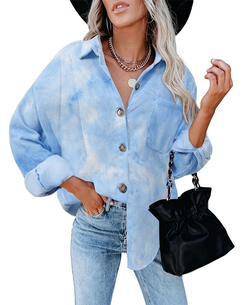 Womens Button Down Corduroy Shirts Oversized Long Sleeved Blouses Tops Fall Shacket Jackets 37-2blue $18.54 Blouses