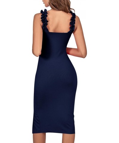 Women's Ruffle Straps Sleeveless Split Bodycon Cocktail Midi Dress Navy Blue $22.08 Dresses