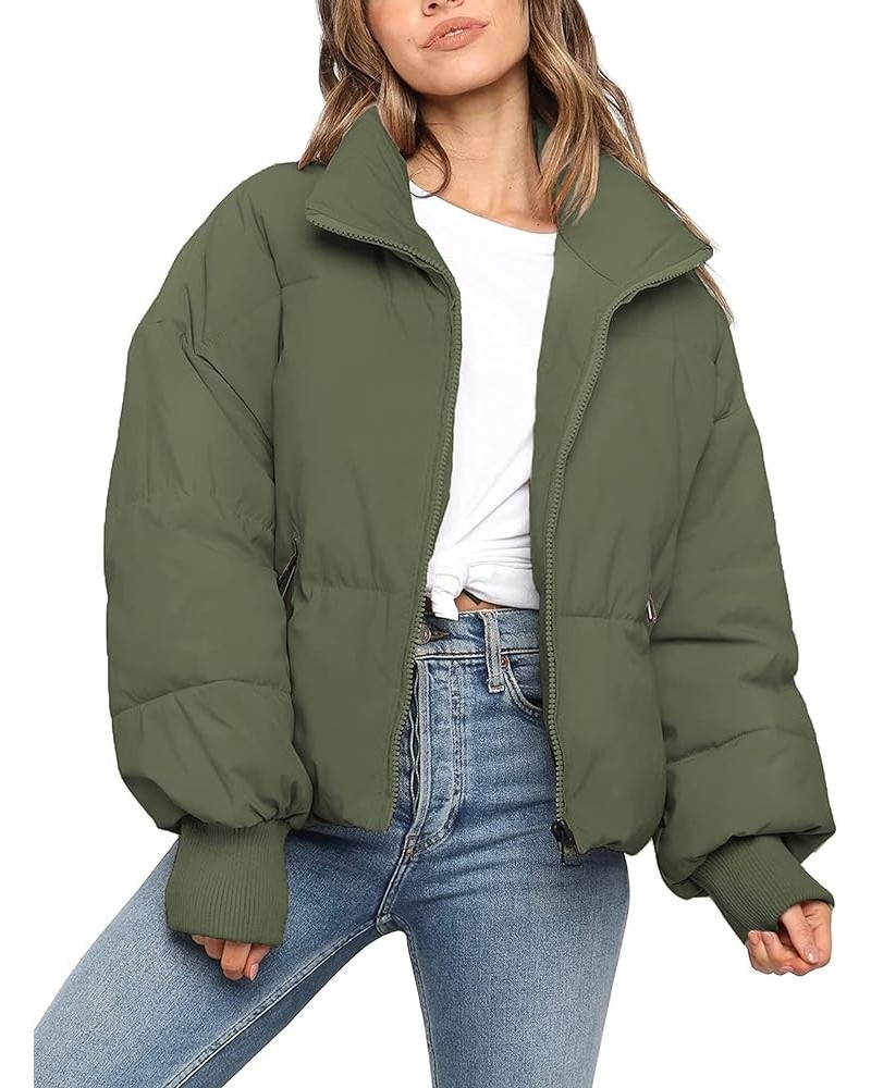 Women's Oversized Lightweight Cropped Padded Puffer Jacket Coats Full Zip Short Quilted Down Coat Army Green $26.09 Jackets