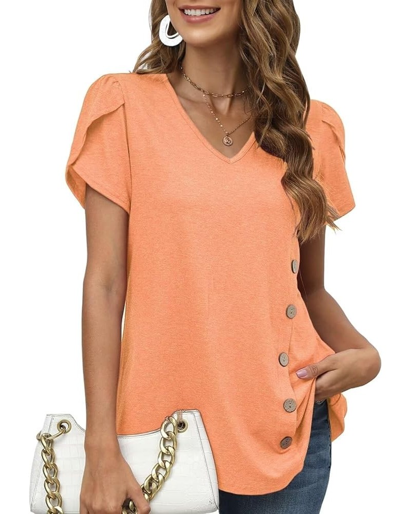 Womens Tops Petal Short Sleeve V Neck Casual Summer 2023 Trendy Shirts Tshirts Fashion Blouses Button Orange $11.79 Blouses