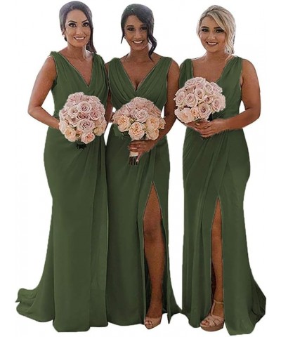 Women's Cowl Neck Chiffon Bridesmaid Dresses Ruched Side Wedding Guest Dress with Slit 2021 M004 Army Green $35.74 Dresses