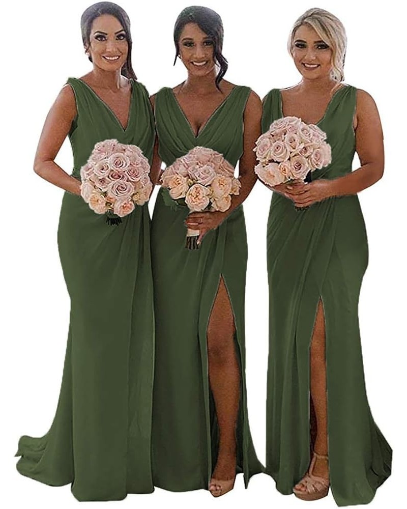 Women's Cowl Neck Chiffon Bridesmaid Dresses Ruched Side Wedding Guest Dress with Slit 2021 M004 Army Green $35.74 Dresses