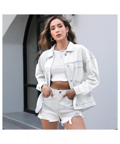 Women Oversized Denim Jacket Retro Jean Coat Lapel Button Up Long Sleeve Jean Jacket with Pockets Washed Blue $25.00 Jackets