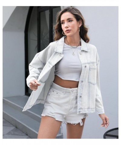 Women Oversized Denim Jacket Retro Jean Coat Lapel Button Up Long Sleeve Jean Jacket with Pockets Washed Blue $25.00 Jackets