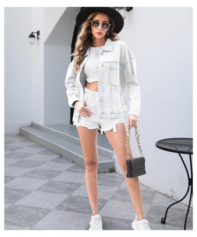 Women Oversized Denim Jacket Retro Jean Coat Lapel Button Up Long Sleeve Jean Jacket with Pockets Washed Blue $25.00 Jackets