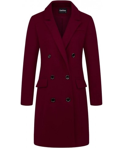 Women's Basic Designed Notch Lapel Double Breasted Mid-Long Wool Pea Coat Wine Red $28.74 Coats