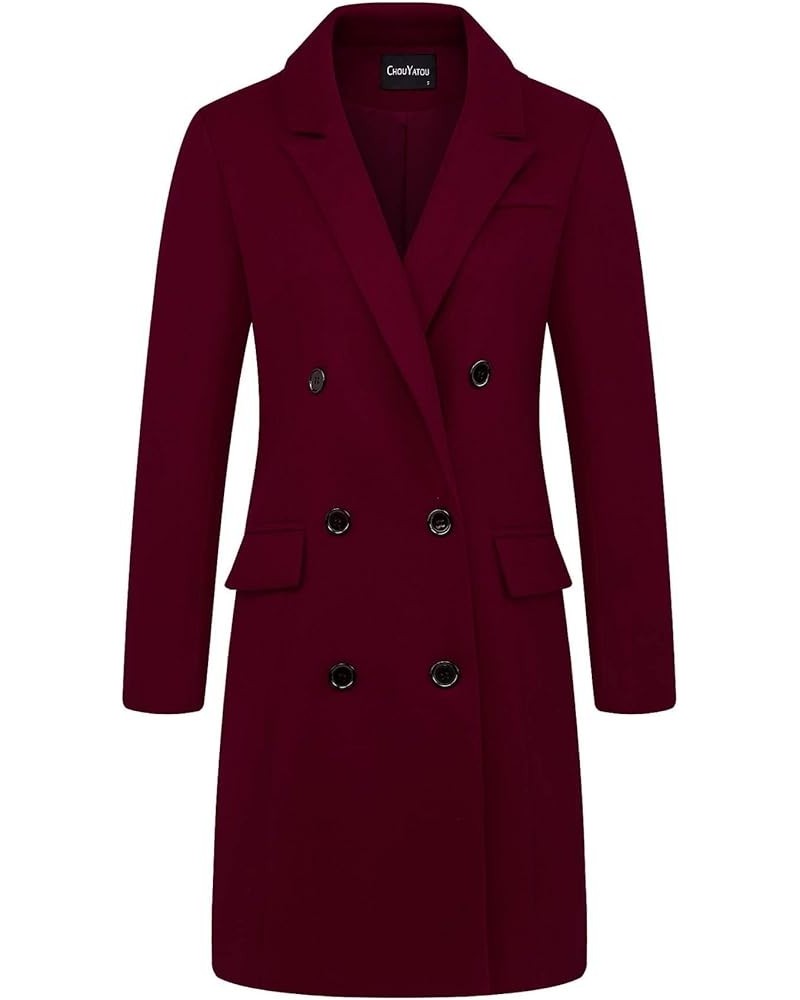 Women's Basic Designed Notch Lapel Double Breasted Mid-Long Wool Pea Coat Wine Red $28.74 Coats