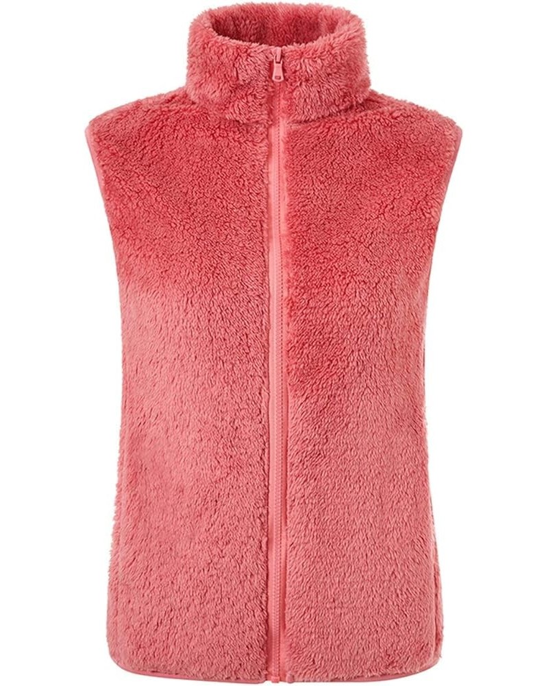 Women's Fuzzy Sherpa Fleece Lightweight Warm Zipper Vest with Pockets Peach $20.99 Vests