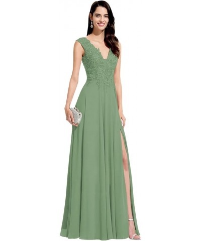 Lace Appliques Bridesmaid Dresses for Women V Neck A Line Chiffon Long Prom Dress with Slit SYYS017 Dusty Sage $38.99 Dresses