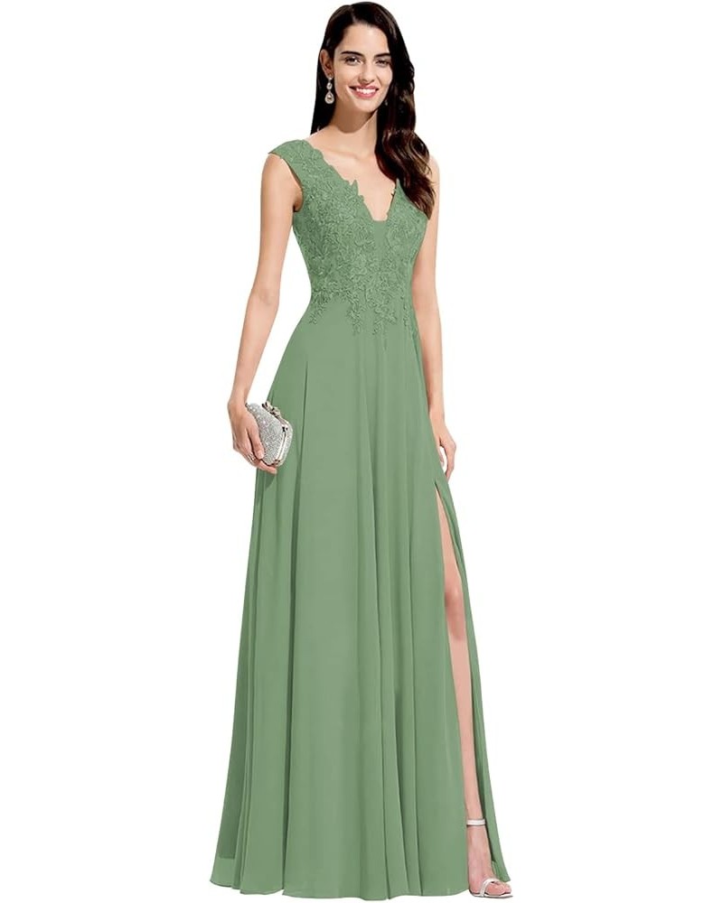 Lace Appliques Bridesmaid Dresses for Women V Neck A Line Chiffon Long Prom Dress with Slit SYYS017 Dusty Sage $38.99 Dresses