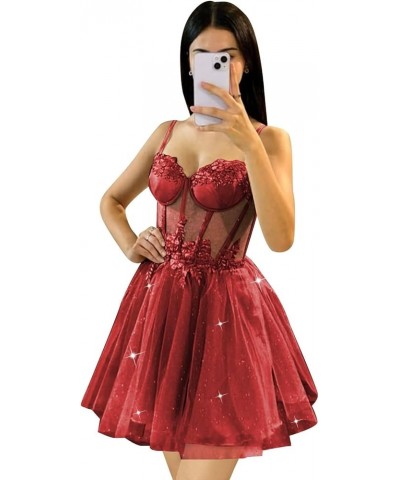 Short Prom Dresses Sweetheart Tulle Homecoming Dresses Appliques A Line Corset Mini Party Dress Wine Red $41.07 Dresses