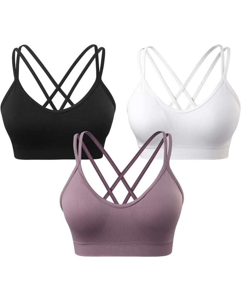 Women's Cross Back Sports Bra Padded Strappy Medium Support Yoga Bra for Workout Fitness 3 Pack 3pack(black+white+purple) $18...