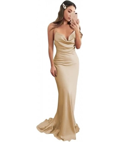 Women's Satin Prom Dresses Long Mermaid Spaghetti Straps Cowl Neck Bridesmaid Dress for Wedding Champagne $29.39 Others