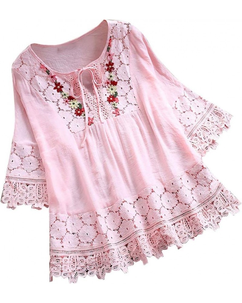 Womens Vintage Lace Patchwork Blouse Plus Size Bow V Neck Embroidery Shirts Casual Three Quarter Tops T-Shirt Pink $6.62 Dresses