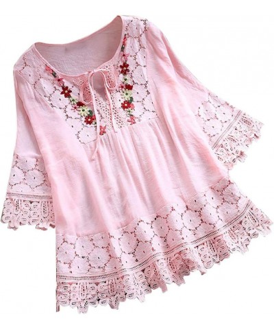 Womens Vintage Lace Patchwork Blouse Plus Size Bow V Neck Embroidery Shirts Casual Three Quarter Tops T-Shirt Pink $6.62 Dresses