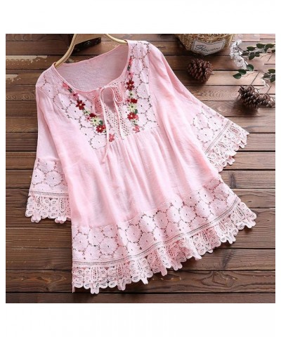 Womens Vintage Lace Patchwork Blouse Plus Size Bow V Neck Embroidery Shirts Casual Three Quarter Tops T-Shirt Pink $6.62 Dresses