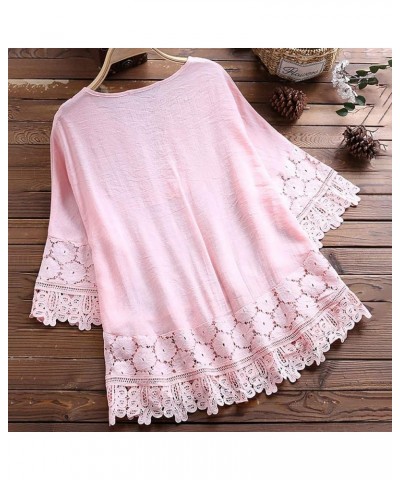 Womens Vintage Lace Patchwork Blouse Plus Size Bow V Neck Embroidery Shirts Casual Three Quarter Tops T-Shirt Pink $6.62 Dresses