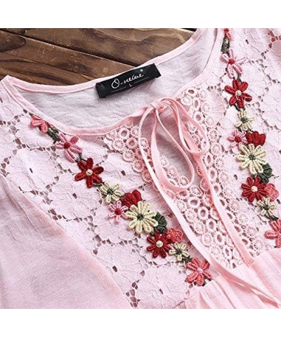 Womens Vintage Lace Patchwork Blouse Plus Size Bow V Neck Embroidery Shirts Casual Three Quarter Tops T-Shirt Pink $6.62 Dresses