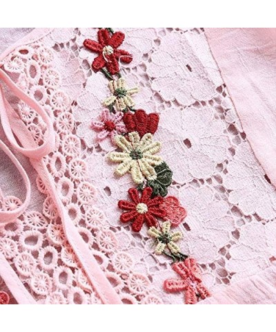 Womens Vintage Lace Patchwork Blouse Plus Size Bow V Neck Embroidery Shirts Casual Three Quarter Tops T-Shirt Pink $6.62 Dresses