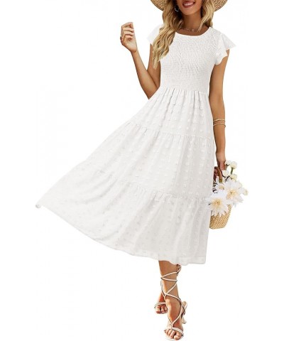 Women's Summer Flutter Short Sleeve Smocked Midi Dress Swiss Dot Flowy Tiered Dresses B-white $26.21 Dresses