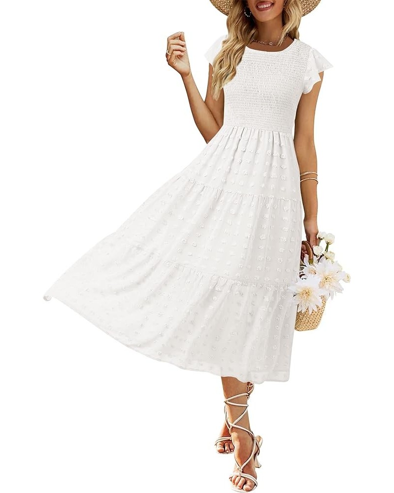 Women's Summer Flutter Short Sleeve Smocked Midi Dress Swiss Dot Flowy Tiered Dresses B-white $26.21 Dresses