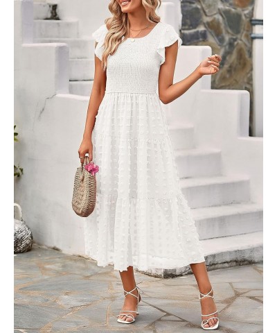 Women's Summer Flutter Short Sleeve Smocked Midi Dress Swiss Dot Flowy Tiered Dresses B-white $26.21 Dresses