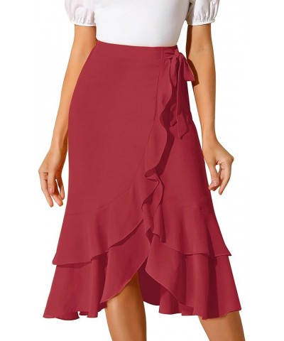 Women's Ruffle Chiffon Tie Waist Asymmetrical 2023 Summer Midi Skirt Red $19.66 Skirts