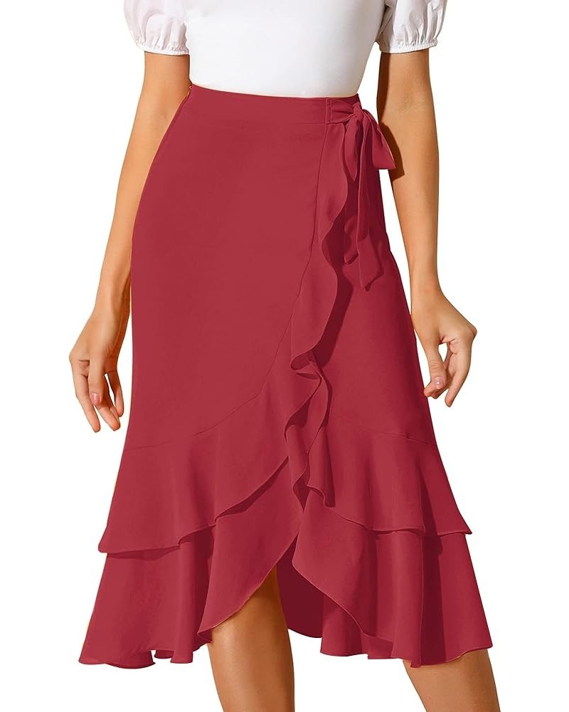 Women's Ruffle Chiffon Tie Waist Asymmetrical 2023 Summer Midi Skirt Red $19.66 Skirts