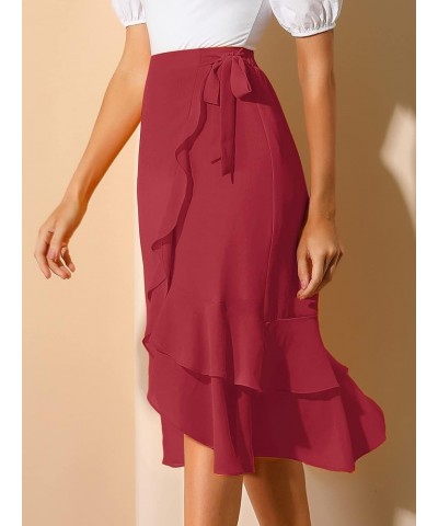 Women's Ruffle Chiffon Tie Waist Asymmetrical 2023 Summer Midi Skirt Red $19.66 Skirts