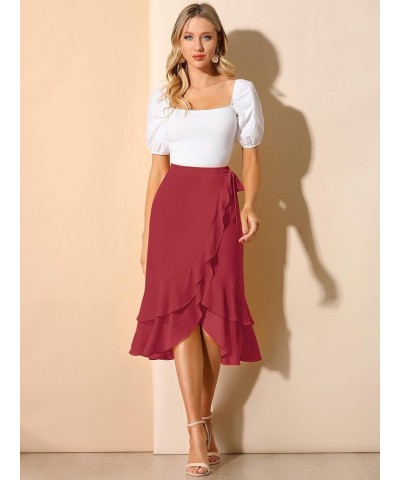 Women's Ruffle Chiffon Tie Waist Asymmetrical 2023 Summer Midi Skirt Red $19.66 Skirts