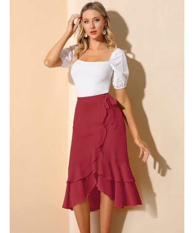 Women's Ruffle Chiffon Tie Waist Asymmetrical 2023 Summer Midi Skirt Red $19.66 Skirts