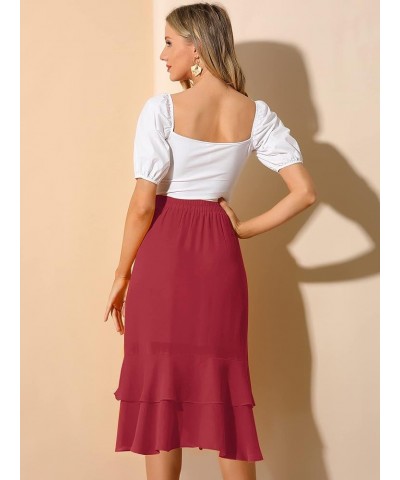 Women's Ruffle Chiffon Tie Waist Asymmetrical 2023 Summer Midi Skirt Red $19.66 Skirts