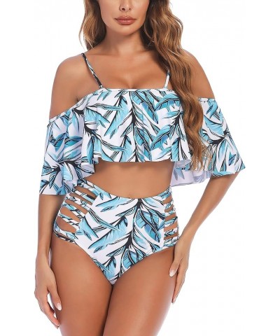 Women Two Piece Swimsuit Tummy Control High Waisted Bikini Off Shoulder Ruffle Bathing Suits Floral 3 $10.50 Swimsuits