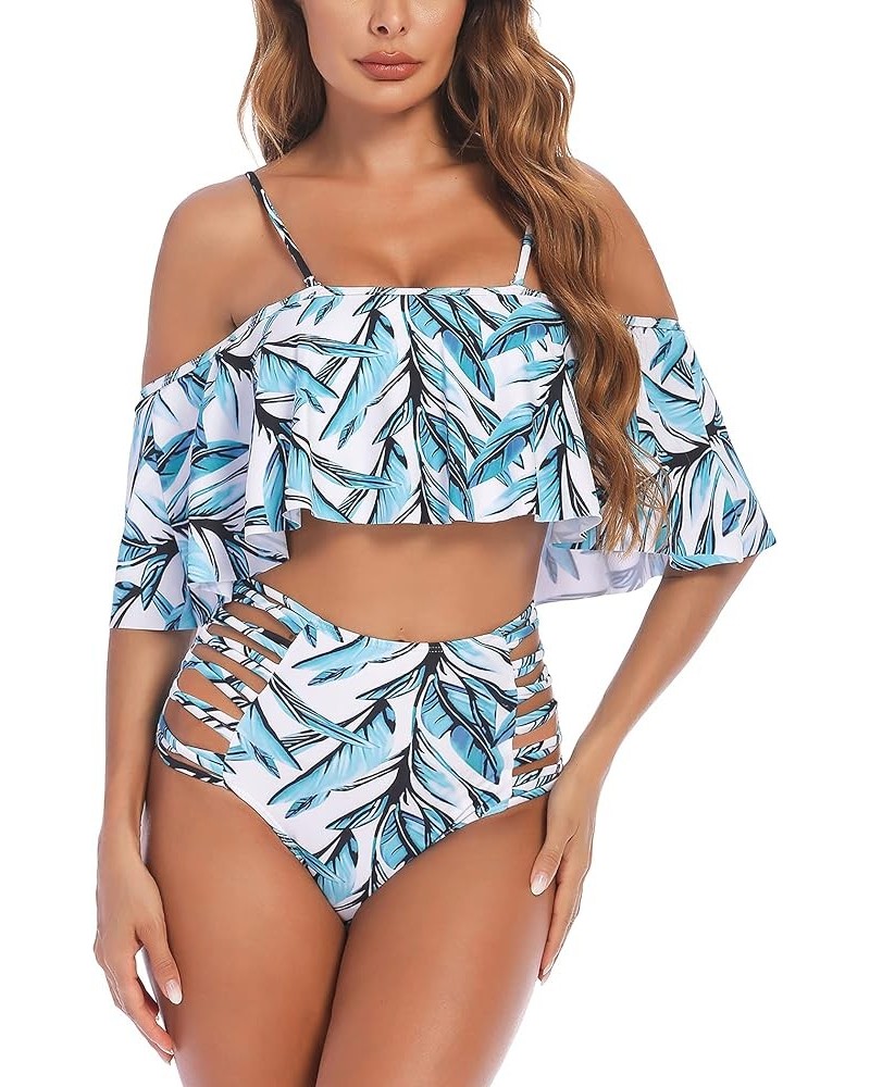 Women Two Piece Swimsuit Tummy Control High Waisted Bikini Off Shoulder Ruffle Bathing Suits Floral 3 $10.50 Swimsuits