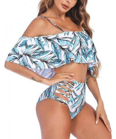 Women Two Piece Swimsuit Tummy Control High Waisted Bikini Off Shoulder Ruffle Bathing Suits Floral 3 $10.50 Swimsuits