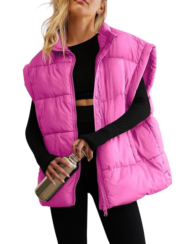 Womens Oversized Puffer Vest Zip Up Bubble Vests Stand Collar Cap Sleeves Padded Jacket Quilted Coats with Pockets Hot Pink $...