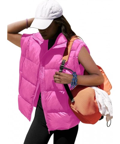 Womens Oversized Puffer Vest Zip Up Bubble Vests Stand Collar Cap Sleeves Padded Jacket Quilted Coats with Pockets Hot Pink $...