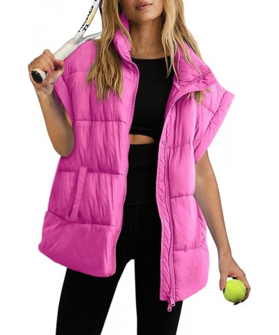 Womens Oversized Puffer Vest Zip Up Bubble Vests Stand Collar Cap Sleeves Padded Jacket Quilted Coats with Pockets Hot Pink $...