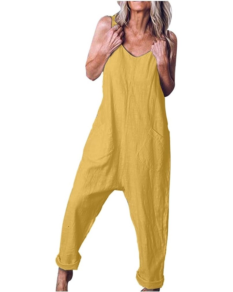 Womens Jumpsuits Sleeveless Spaghetti Strap Rompers Casual Loose Fit Overalls Long/Short Pants with Pockets Yellow $10.23 Ove...