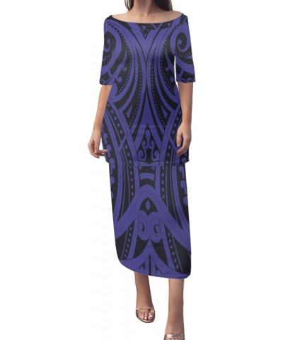 Womens Traditional Polynesian 2 Piece Outfit Half Sleeve Top Puletasi Samoan Dress Set Purple Black $18.89 Suits