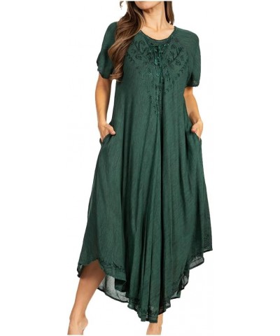 Lilia Embroidered Lace Up Bodice Relaxed Fit Maxi Sun Dress A-forestgreen $17.14 Dresses