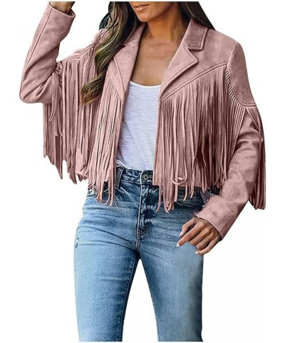 Womens Casual Vintage Cropped Jacket Cowboy Style Long Sleeve Fringe Coat Faux Suede Leather Motorcycle Jackets Tops 11 pink ...