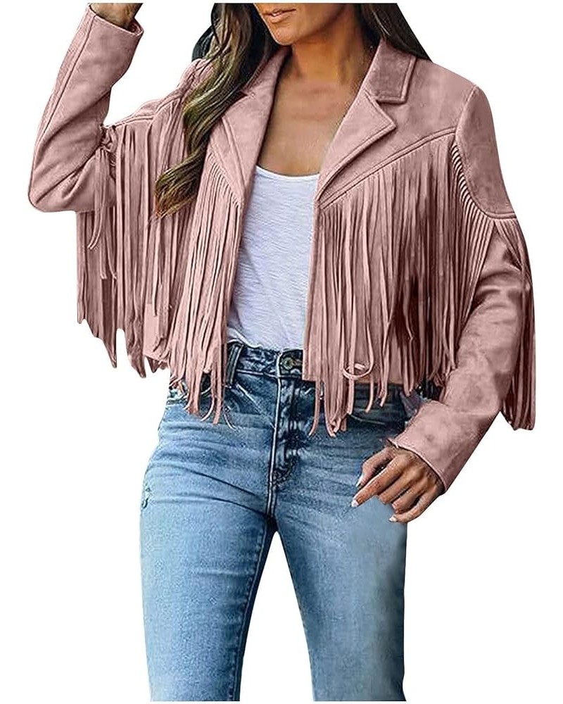 Womens Casual Vintage Cropped Jacket Cowboy Style Long Sleeve Fringe Coat Faux Suede Leather Motorcycle Jackets Tops 11 pink ...